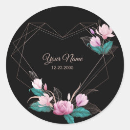 Pegatina Redonda Fiesta Negra Geométrica Dorada Floral Rosa Elegant
