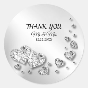 Pegatina Redonda Fiesta nupcial Plata Corazones Gris Moderno Elegan