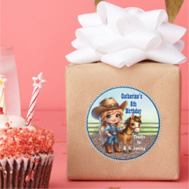 Pegatina Redonda Fiesta Occidental Niñita Vaquera Con Personalizado