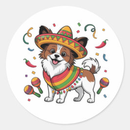 Pegatina Redonda Fiesta Papillon Dog con Sombrero y Sarape