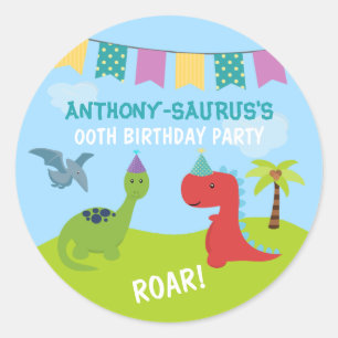 Pegatina Redonda Fiesta personalizada con tema de dinosaurio adorab