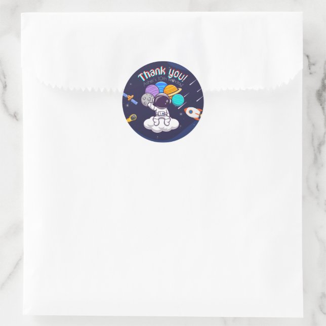 Pegatina Redonda Fiesta Personalizada de Astronauta Agradecimiento (Bolso)