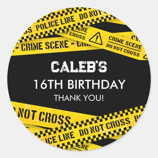 Pegatina Redonda Fiesta policial con amarillo No cruzar las cintas (Anverso)