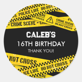 Pegatina Redonda Fiesta policial con amarillo No cruzar las cintas