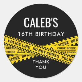 Pegatina Redonda Fiesta policial con amarillo No cruzar las cintas