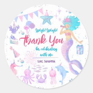 Pegatina Redonda Fiesta Púrpura Rosa Chica Sirena Primer cumpleaños