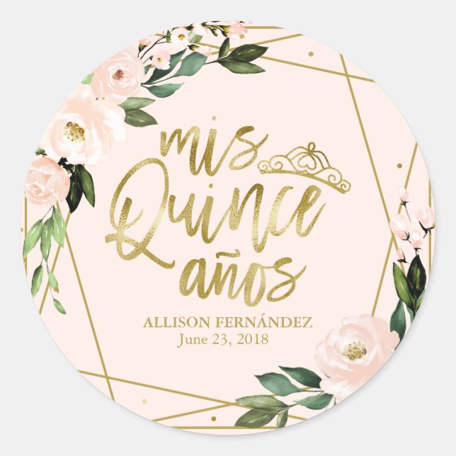 Pegatina Redonda Fiesta Quinceanera Relieve metalizado dorado Rubor (Anverso)