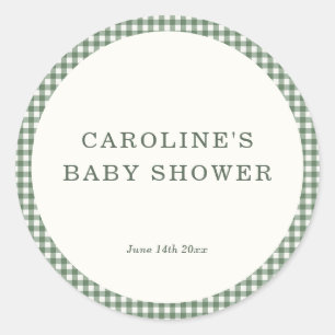 Pegatina Redonda Fiesta Retro Baby Shower Verde Salvia Cuadros