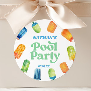 Pegatina Redonda Fiesta Retro de Cumpleaños en la Piscina con Palet