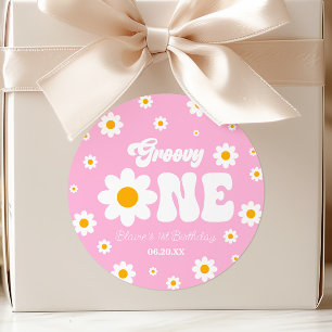 Pegatina Redonda Fiesta Retro de Cumpleaños Uno 1 de Flor de Margar