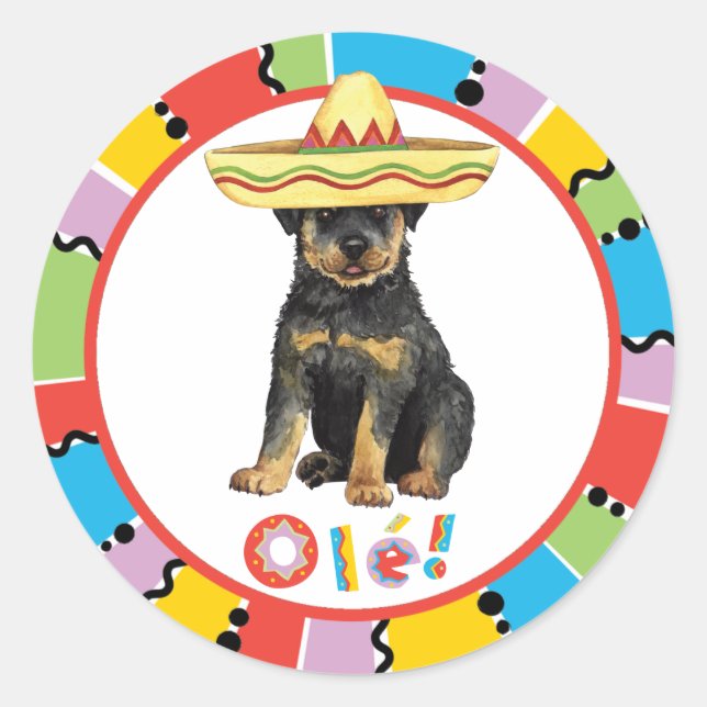 Pegatina Redonda Fiesta Rottweiler (Anverso)