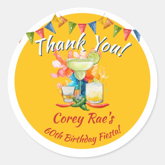 Pegatina Redonda Fiesta Theme Birthday Thank You - 60th Custom (Anverso)