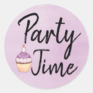 Pegatina Redonda Fiesta Tiempo Morado Acuarela Cupcake Cumpleaños