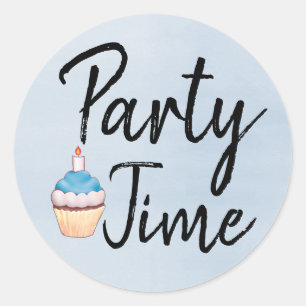 Pegatina Redonda Fiesta Time Blue Watercolor Cupcake Cumpleaños