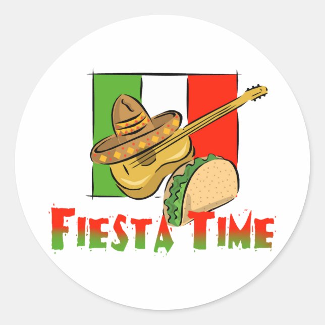 Pegatina Redonda Fiesta Time Taco, Sombrero, guitarra (Anverso)