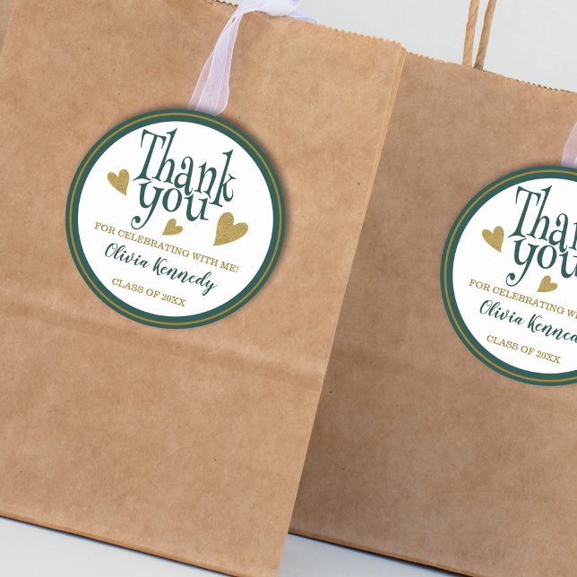 Pegatina Redonda Fiesta Verde Y De Oro De Graduación Gracias Por Fa (Green And Gold Graduation Party Thank You Favor Classic Round Sticker
)
