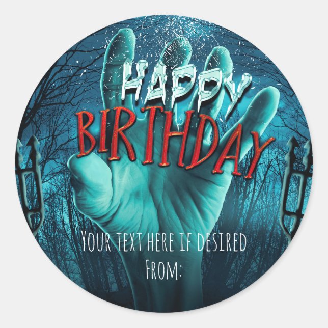 Pegatina Redonda Fiesta Zombie Happy Birthday (Anverso)