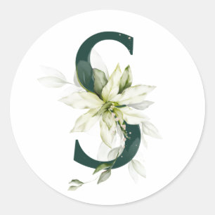 Pegatina Redonda Fiestas de invierno MONOGRAM poinsettia blanca