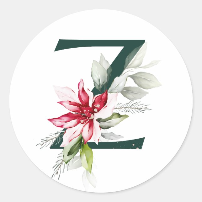 Pegatina Redonda Fiestas de invierno MONOGRAMA bayas de poinsettia  (Anverso)