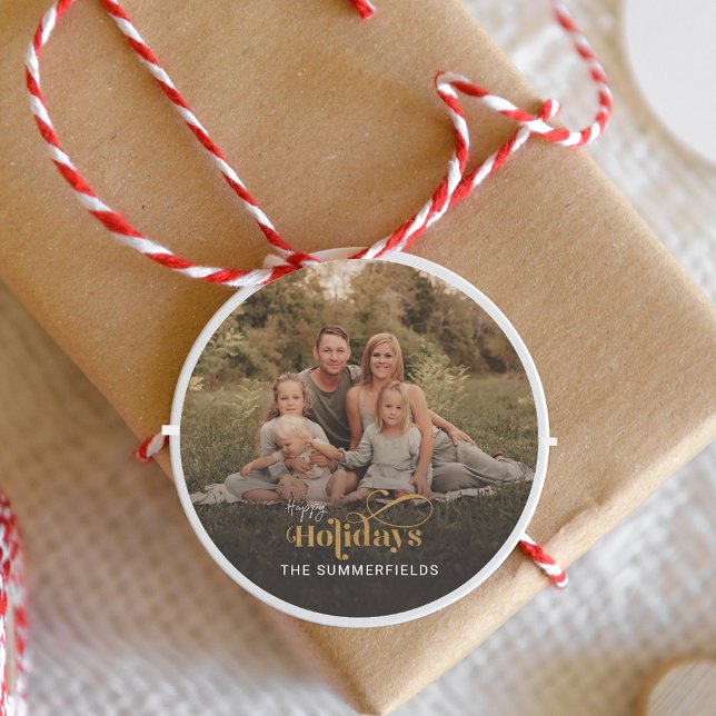 Pegatina Redonda Fiestas Navideñas Foto Familiar Festiva Moderna (Happy Holidays Family Photo Classic Round Sticker)