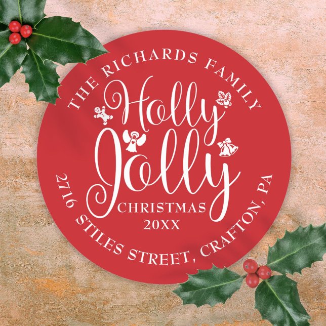 Pegatina Redonda Fiestas Navideñas Holly Jolly Nombre Dirección (Holly Jolly Christmas Holidays Name Address Classic Round Sticker)