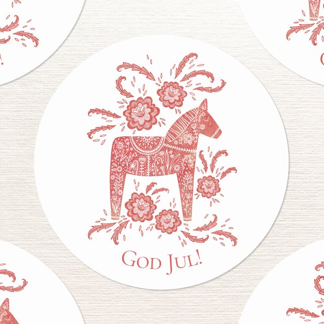 Pegatina Redonda Fiestas rojas de Dios Jul Dala para caballos (Swedish Dala Horse red and white God Jul sticker)