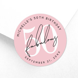 Pegatina Redonda Fifty And Fabulous Blush Pink 50th Birthday