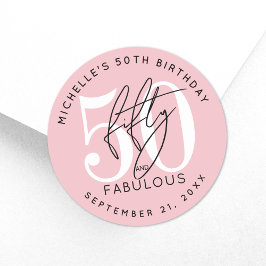 Pegatina Redonda Fifty Fabulous Pink 50th Birthday Party