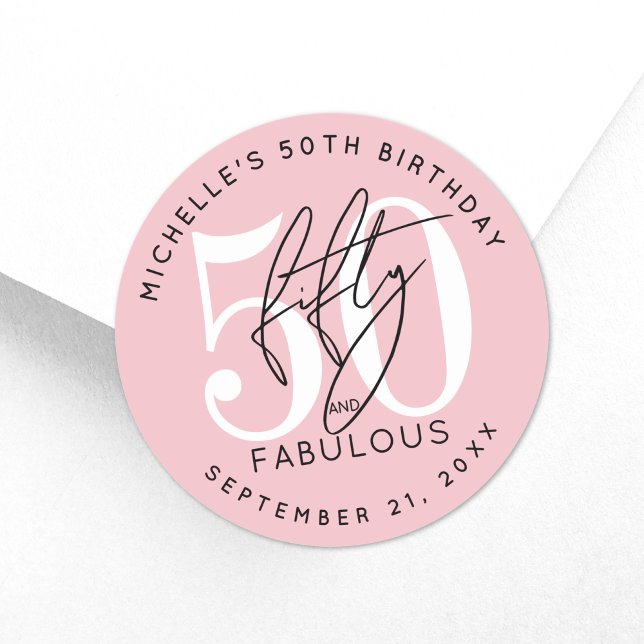 Pegatina Redonda Fifty Fabulous Pink 50th Birthday Party (Fifty Fabulous Pink 50th Birthday Party Classic Round Sticker )