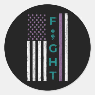 Pegatina Redonda Fight Semicolon Flag Suicide Awareness Mental Heal