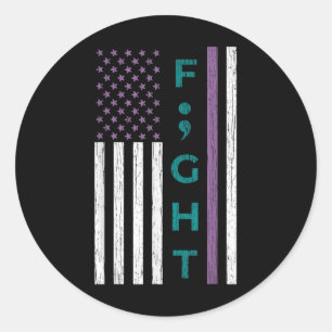 Pegatina Redonda Fight Semicolon Flag Suicide Awareness Mental Heal