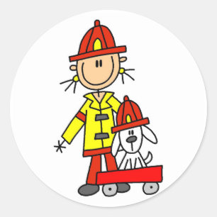 Pegatina Redonda Figura bombero del palillo con Dalmation