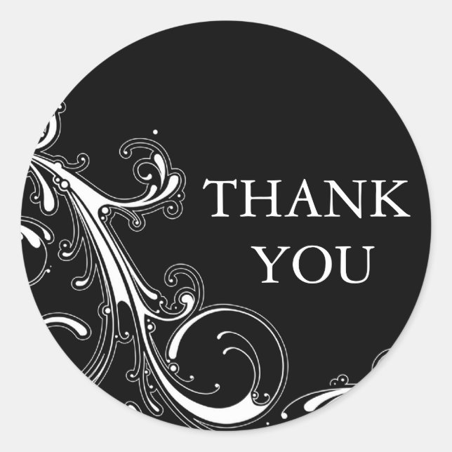 Pegatina Redonda Filigree Swirl Black w/White Gracias (Anverso)