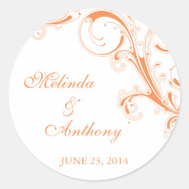 Pegatina Redonda Filigree Swirl Naranja Bride Groom
