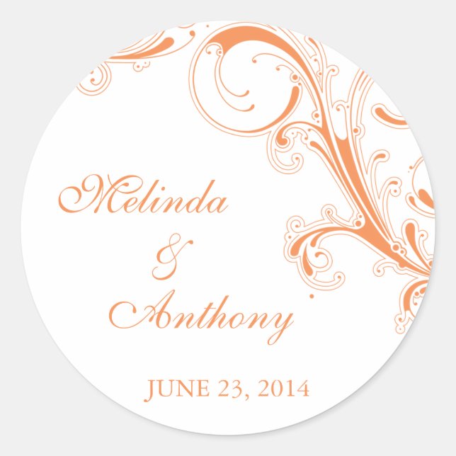 Pegatina Redonda Filigree Swirl Naranja Bride Groom (Anverso)