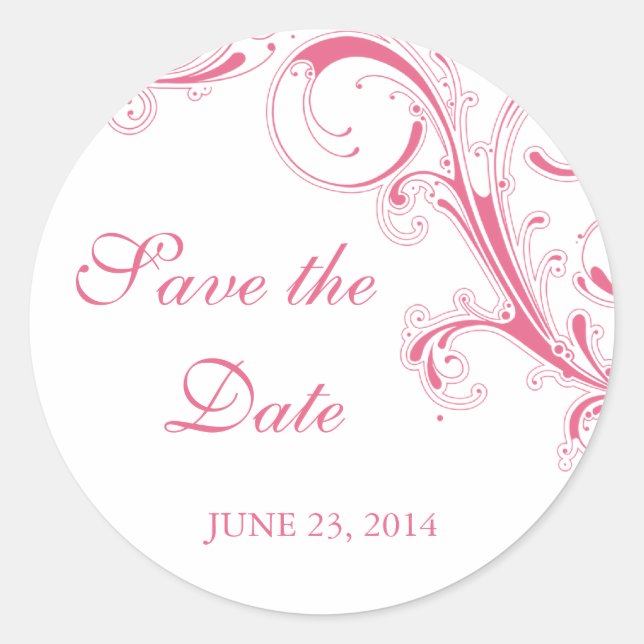 Pegatina Redonda Filigree Swirl Pink Save the Date (Anverso)