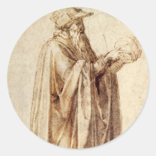 Pegatina Redonda Filósofo griego con cráneo humano por Michelangelo