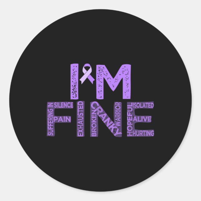 Pegatina Redonda Fina Fibromialgia Guerrero Fibro Conciencia Púrpur (Anverso)