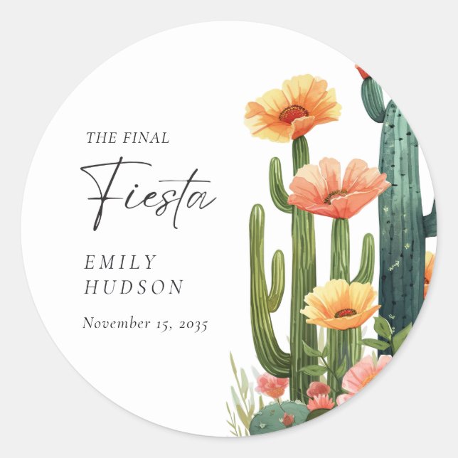 Pegatina Redonda Final Fiesta Cactus Bachelorette Party (Anverso)