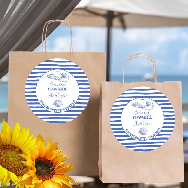 Pegatina Redonda Finde de soltera de vaquera costera impreso (Coastal Cowgirl Bachelorette weekend printed Sticker last toast on a coast dusty blue favor stickers)