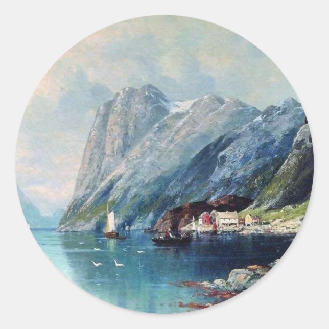 Pegatina Redonda Fiordo de Noruega pintado por Lev Lagorio (Anverso)
