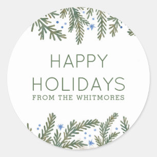 Pegatina Redonda Fir Branches Happy Holidays