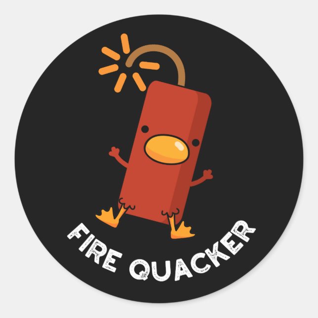 Pegatina Redonda Fire Quacker Funny Fireworks Pun Dark BG (Anverso)