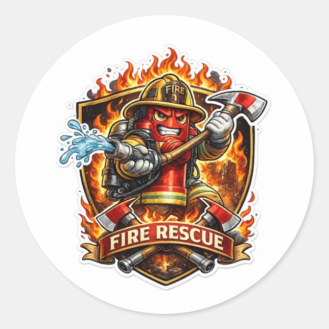 Pegatina Redonda Fire Rescue Hero (Anverso)