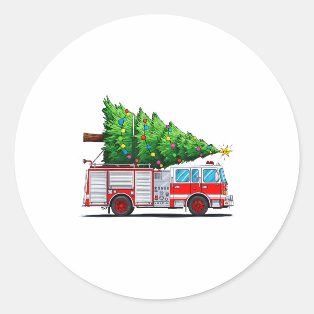 Pegatina Redonda Fire Truck Christmas Tree Xmas Lights Firefighter  (Anverso)