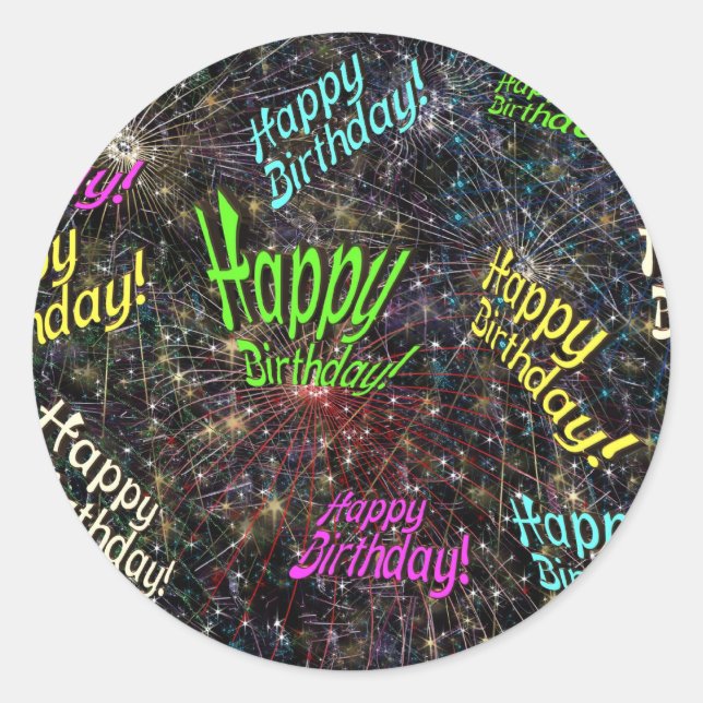 Pegatina Redonda Firecrackin Feliz cumpleaños a Pegatinas (Anverso)
