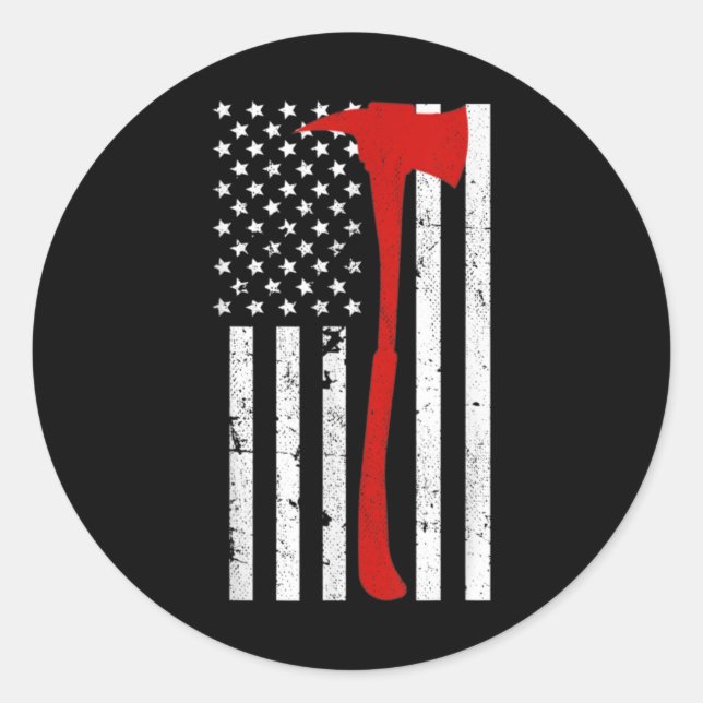 Pegatina Redonda Firefighter American Flag Thin Red Line Axe (Anverso)