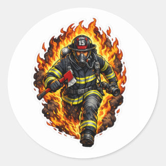 Pegatina Redonda Firefighter Chibi Sticker Cute Fireman Cartoon Fir
