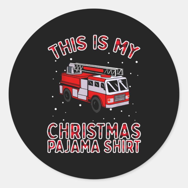 Pegatina Redonda Firefighter Christmas Pajama - Fire Truck Funny Fi (Anverso)