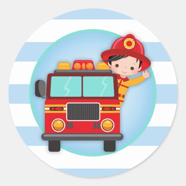 Pegatina Redonda Firefighter Fire Truck Black Hair Boy (Anverso)